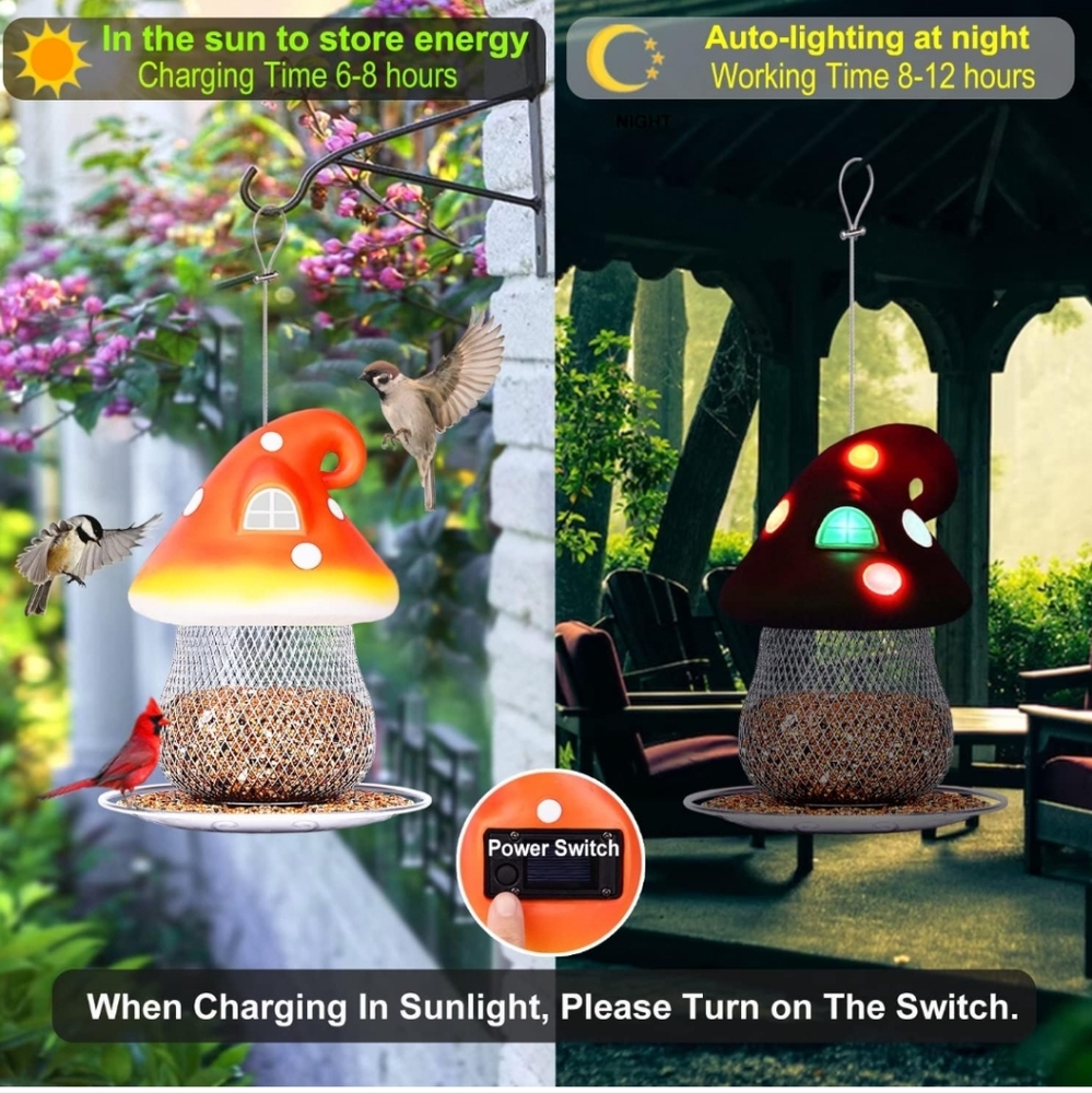 Solar Mushroom Bird Feeder with LED Light